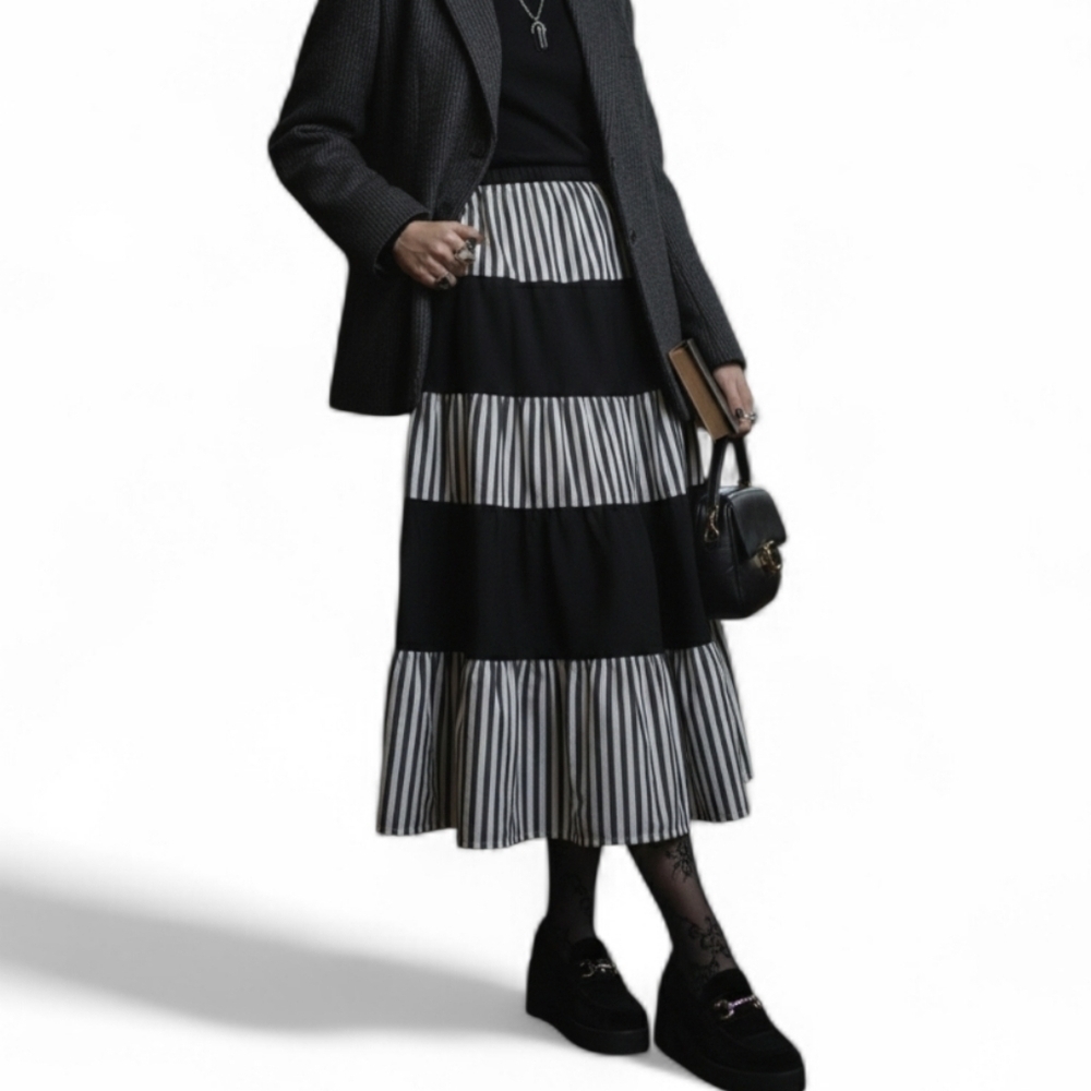 Vintage Pinstripe Tiered Midi Skirt Black White Striped Size
